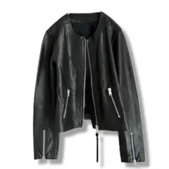 希少! 美品 ALLSAINTS ノーカラーライダースジャケット 羊革 黒 12