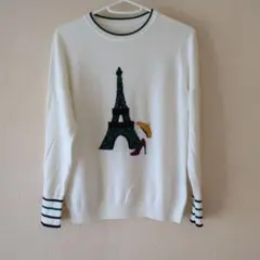 エッフェル塔刺繍ホワイトニットセーター