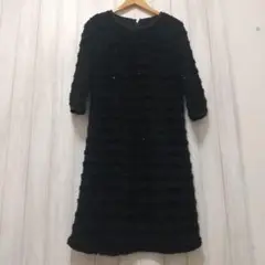 クレージュ、courregesブラックフリルストライプワンピース 七分袖美品