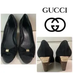 GUCCI ブラックスエード ロゴヒール パンプス