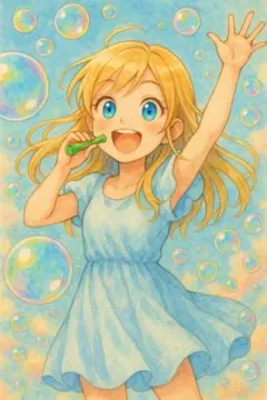 美少女イラスト シャボン玉 金髪 青いワンピース ハガキサイズNo.107