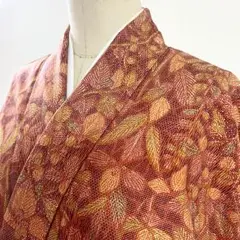 2m1491 着物 正絹 袷 赤 黄色 橙色 緑 柄物 和装