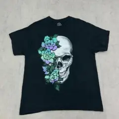 スカル　フラワー　骸骨　花　トップス　半袖　Tシャツ　古着　ブラック　黒　L