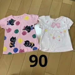 西松屋　90サイズ　半袖　Tシャツ　2枚セット　ネコ　花柄　リボン