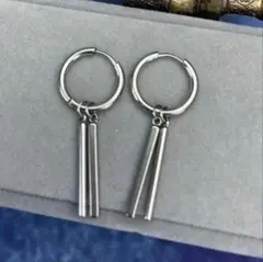 両耳シルバー フープイヤリング　フェイクピアス　スティック韓国イヤリング　メンズ