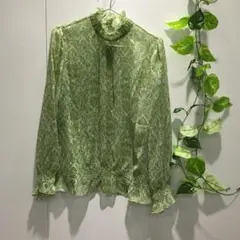 Leilian ORIGINAL フリルネック花柄ブラウス 緑系 11号