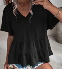 SHEIN Ｖネック　ペプラム　トップス　Lサイズ　ブラック