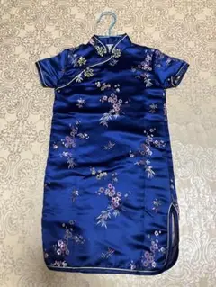 【美品】女児用 花柄 チャイナドレス 紺色 サテン