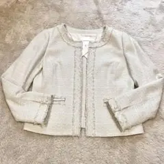 組曲 ノーカラーツイードジャケット ライトベージュ ラメ入り パールボタン 3