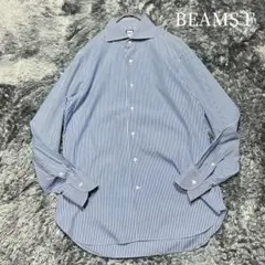 ビームスエフ　ストライプ　ワイドカラー　ドレスシャツ　コットン　L相当　美品