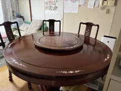 ≪引き取り限定≫円形木製中華テーブル 花模様インレイ　椅子セット(5脚)