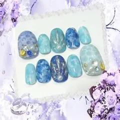 現品 No.279 ドロップシェルネイル 青×水色 夏 ブルー 海 貝殻