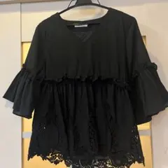 黒　クロシェ編み　刺繍　ブラウス