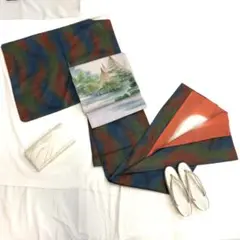 〔6259〕着物 紬風 小紋 袷 正絹 青 赤 緑 単品販売♪