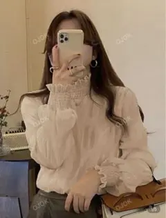 SHEIN フリル付き長袖ブラウス ベージュ
