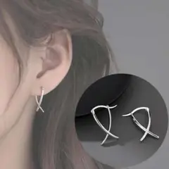 シルバー メタル ニュアンス カーブライン クロス ピアス 小さめ