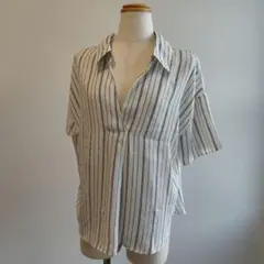 シフォンストライプ 半袖シャツ 背中リボン付き Lサイズ