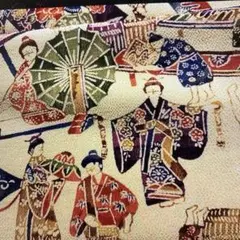 小- 沖縄百景　正絹　縮緬　小紋　解き　はぎれ　沖縄　人物　地色　ベージュ系