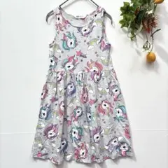 【H&M】美品！ノースリーブワンピース ユニコーン グレー US10-12Y