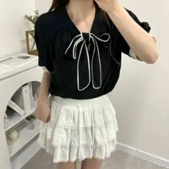 配色リボンボウタイブラウス 半袖 ブラック×ホワイト Lサイズ 可愛い 女性
