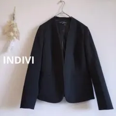 INDIVI ノーカラー ジャケット【L】裏地あり ポケットなし フック留め