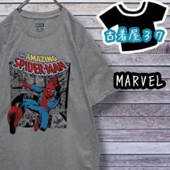古着マーベルスパイダーマンデカロゴアメコミゆるだぼTシャツ灰色グレーXL