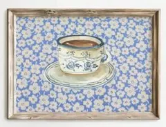 【ファブリックポスター】花柄コーヒーカップ　布ポスター　 ポップカラー　　モダン