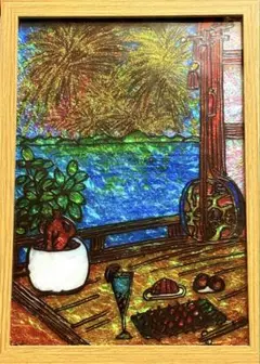花火を見ながら幸せ時間ステンドグラスガラス絵の具手書きイラスト風景画壁掛け沖縄