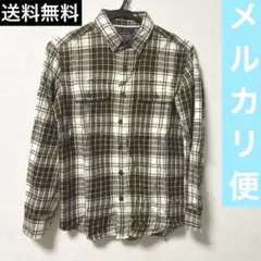 チェックネルシャツ 長袖 ボタン付き イエローブラウン 送料無料
