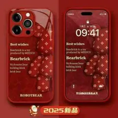 iPhone15　携帯ケース　強化ガラス　かわいい　鮮やか　レッドクマ
