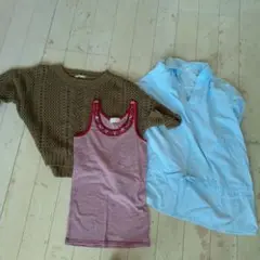 ブラウン ニットセータータンクトップストライプシャツセット
