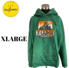 【X-LARGE 緑 パーカー ペイントロゴ ゴリラ 古着】
