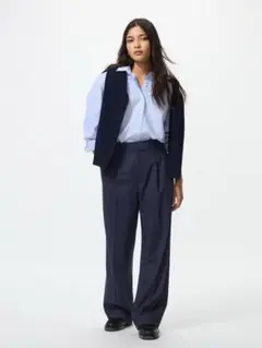 美品 ユニクロ タックワイドパンツ ネイビー XXL