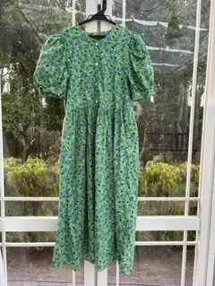 緑色花柄 半袖シャツワンピース ロング丈