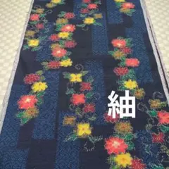 513　紬着物ハギレ　36×340㎝　短冊花文　やまと誂製　紺地