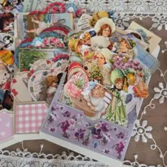 レトロガール　三連ポケットセット　コラージュ素材　ダイカット