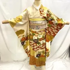 【振袖9】着物 振袖 正絹 袷 着物 菊 金駒刺繍 竹 単品販売