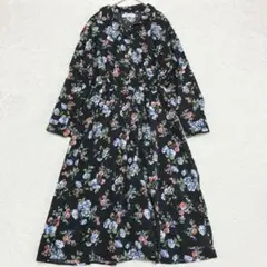 メランクルージュ ロングワンピース 花柄 シャツ 長袖 F 黒 総柄 大人可愛い