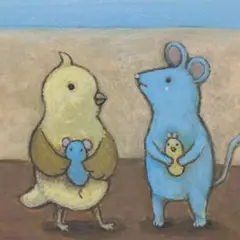 自作絵画　君の人形　コトリとネズミの絵