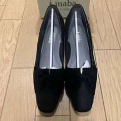 新品　美品　t.inaba リボン付き黒スクエアトゥパンプス