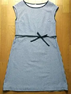 【美品】ロータリーハウス チェック柄紺×白 ワンピース L　アイロン不要