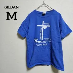 GILDAN 【M】 両面ロゴプリントTシャツ　ブルー　25 クラス　コットン