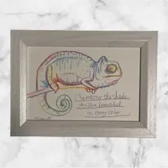 額装　額付き原画　絵画　アート　色鉛筆画　ドローイング　ポストカード　カメレオン