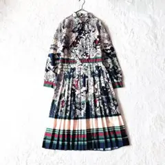 美品✨ プリーツワンピース ロング ボタニカル ボウタイ 総柄 S マルチカラー