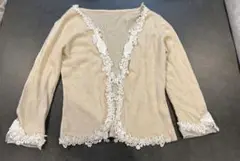 カシミヤ100% カーディガン ニット アイボリー レース刺繍 ガーリー ボレロ