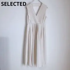 セレクテッド　ワンピース　重ね着　Vネック　プリーツスカート　ベージュ　36