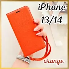 アイフォン iPhone14/13 手帳型◇ケース オレンジ 人気　ストラップ