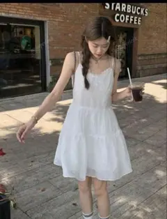 ノースリーブ レース付きストラップワンピース ミニキャミワンピ SHEIN