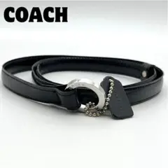 美品 COACH ベルト ロゴ金具 ブラック レザー レディース シルバーリング