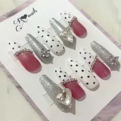 【ネイルチップ】ドット柄 ガーリー 大人可愛い フレンチ バレリーナ No.11